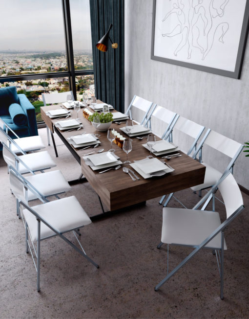 Box-Coffee-table-in-chocolate-walnut-finish-extended-into-full-dinner-table-with-10-nano-chairs-around-it