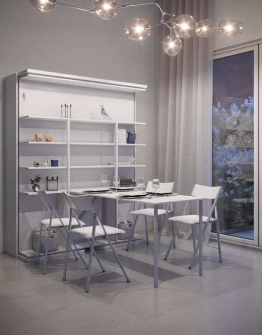 Compatto Bookshelf revolving Murphy Bed with folding dinner table in white