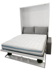 MurphySofa Float Clean grey sofa with white gloss wall bed and shelf on front open in bed form