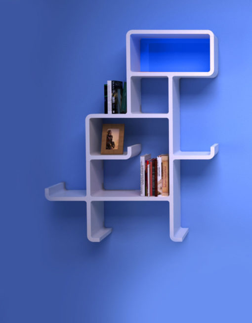 Wall-Shelf-Dinosaur-in-white-with-blue-face-on-blue-wall