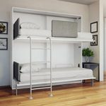 wall bed with a desk that transforms into bunk beds