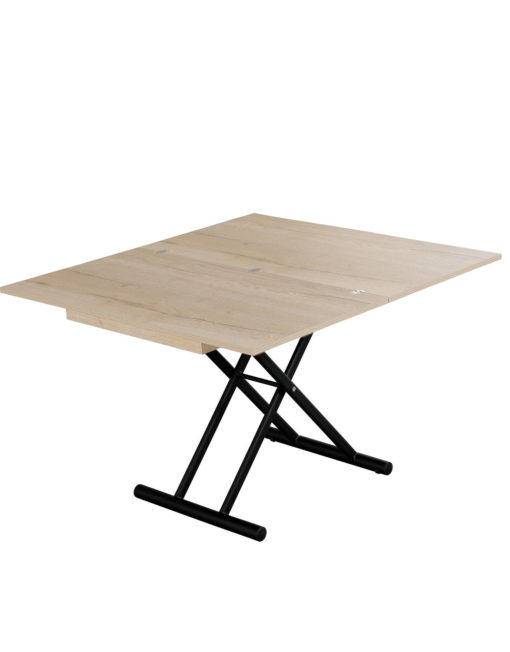 Alzare Grano coffee to dining table in wood grain and black legs open as a dinner table