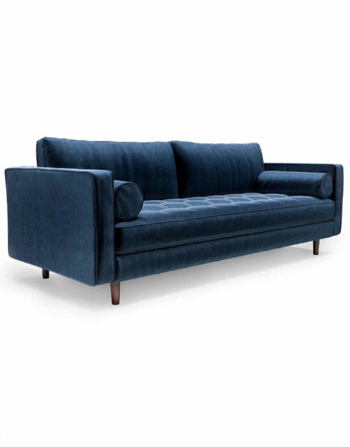 Expand-Furniture-Modern Tufted Sofa in Navy-Blue-Velvet-microfiber-with-bolster-pillows