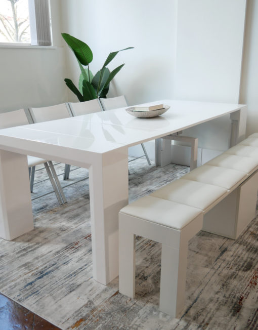 Ultimate dining set Junior Giant table in white gloss with white mini scatola extending bench and 4 white nano chairs