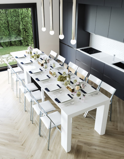 Junior Giant Counter sized console extends into large counter table attached to kitchen