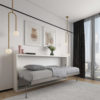 Open Horizontal Twin Murphy Bed with folding desk in white modern apartment - Expand Furniture