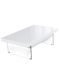 The Cadence mini lifting storage coffee table in glossy white top with glass base legs