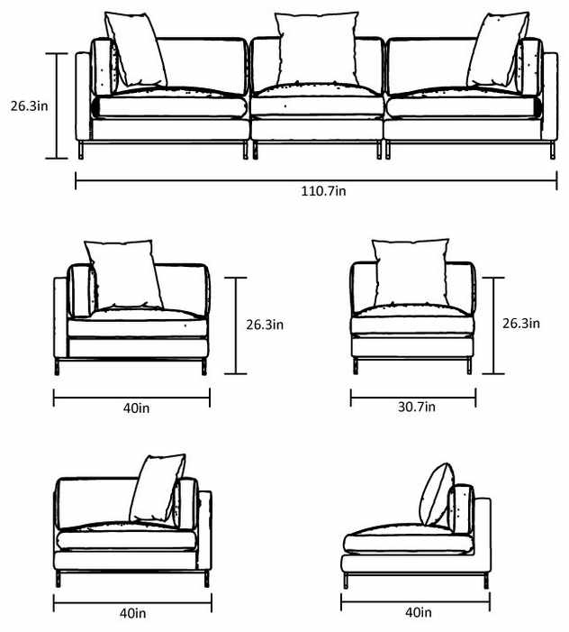 Migliore 3 seat sofa sizing modular build dimensions