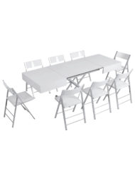 Outdoor box coffee table in flat white with silver legs - outdoor expanding dinner table set with chairs