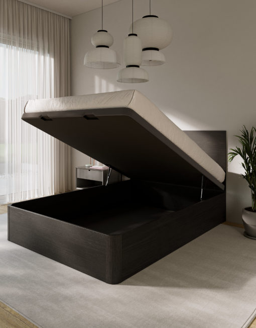 Queen Platform Lift bed in Ceniza dark wood with storage open